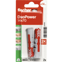 Fischer DuoPower Universaldübel 14 mal 70 Millimeter, 2 Stück, Kunststoff, Zwei-Komponenten-Technologie.