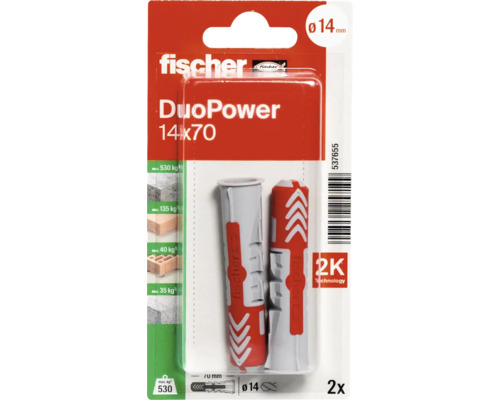 Fischer DuoPower Universaldübel 14 mal 70 Millimeter, 2 Stück, Kunststoff, Zwei-Komponenten-Technologie.