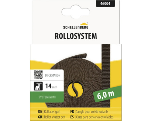 Schellenberg Logo. Brauner Rollladengurt System Mini, Breite 14 Millimeter, Länge 6 Meter.