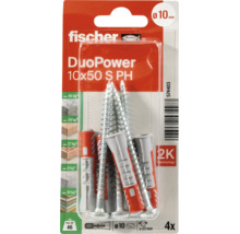 Fischer DuoPower 10 mal 50 S PH Set mit vier Universaldübeln und Schrauben, Durchmesser 10 Millimeter.