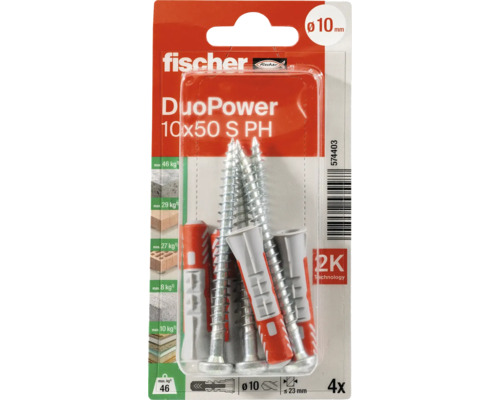 Fischer DuoPower 10 mal 50 S PH Set mit vier Universaldübeln und Schrauben, Durchmesser 10 Millimeter.