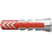 Fischer DuoPower Universaldübel in Grau und Rot aus Zwei-Komponenten-Kunststoff mit Kragen und Spreizflügeln.