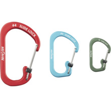 Nite Ize SlideLock Karabiner in den Größen Nummer 2, 3 und 4 aus Aluminium mit Edelstahl-Drahtbügel und Schiebeverschluss.