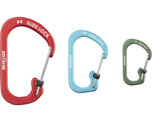 Nite Ize SlideLock Karabiner in den Größen Nummer 2, 3 und 4 aus Aluminium mit Edelstahl-Drahtbügel und Schiebeverschluss.