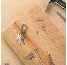 Grüner Nite Ize Karabiner mit Schlüsseln auf einem Holzbrett neben Nägeln, Schrauben und Werkzeugen in einer hellen Werkstatt.