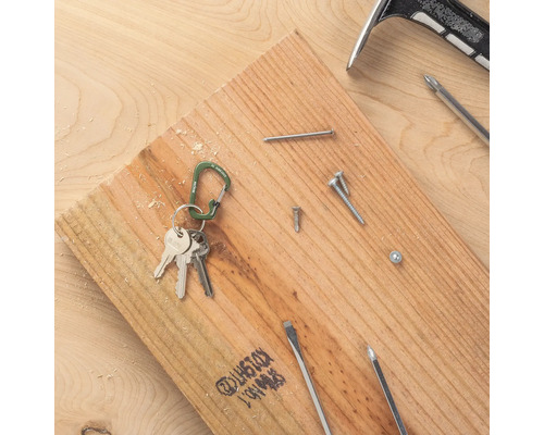 Grüner Nite Ize Karabiner mit Schlüsseln auf einem Holzbrett neben Nägeln, Schrauben und Werkzeugen in einer hellen Werkstatt.