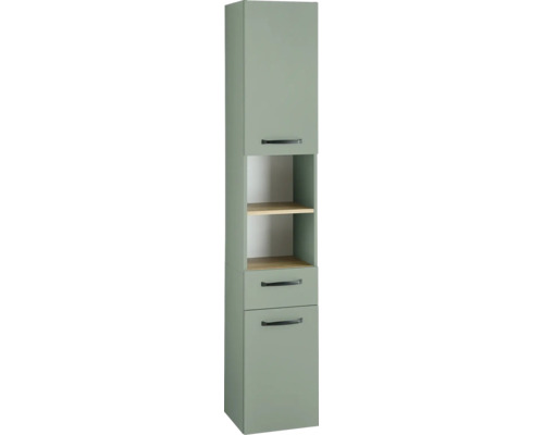 Badhochschrank in Grün mit zwei offenen Fächern, Holzböden und schwarzen Griffen.