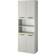 Hoher Küchenschrank mit vier grauen Türen, schwarzen Griffen und zwei offenen Regalfächern in heller Holzoptik.
