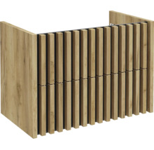 Waschtischunterschrank mit einer Front aus vertikalen Holzlamellen und zwei Schubladen.