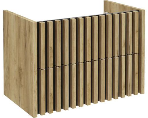 Waschtischunterschrank mit einer Front aus vertikalen Holzlamellen und zwei Schubladen.