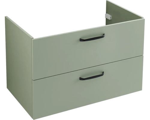 Grüner Waschtischunterschrank mit zwei Schubladen und schwarzen Griffen.