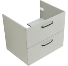 Waschtischunterschrank mit zwei Schubladen und schwarzen Griffen.