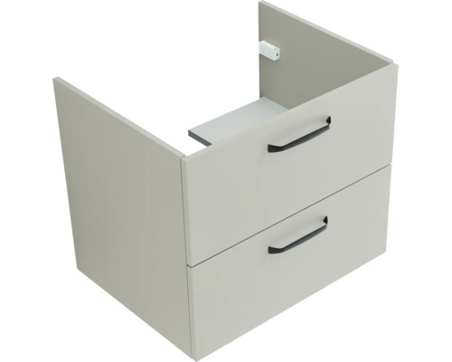 Waschtischunterschrank mit zwei Schubladen und schwarzen Griffen.