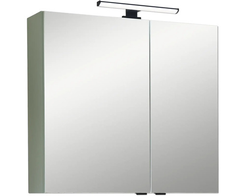 Zweitüriger Badezimmer-Spiegelschrank mit aufgesetzter LED-Beleuchtung.