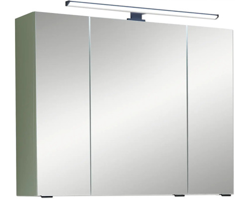 Badezimmer Spiegelschrank mit drei Türen und LED Beleuchtung oben.