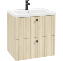 Waschtischunterschrank in Holzoptik mit gerillter Front, zwei Schubladen mit schwarzen Knöpfen, weißem Waschbecken und schwarzer Armatur.