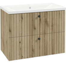 Waschtischunterschrank in Holzoptik mit Lamellenstruktur, zwei Schubladen mit schwarzen Knöpfen und weißem Keramik-Waschbecken.