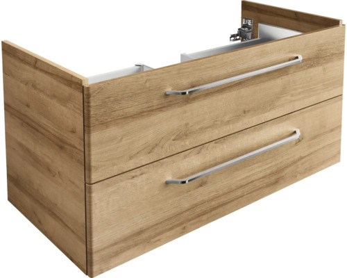 Waschbeckenunterschrank in Eichenoptik mit zwei Schubladen und silberfarbenen Metallgriffen.