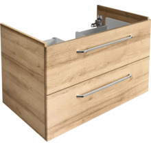 Waschbeckenunterschrank in Holzoptik mit zwei Schubladen und Metallgriffen.