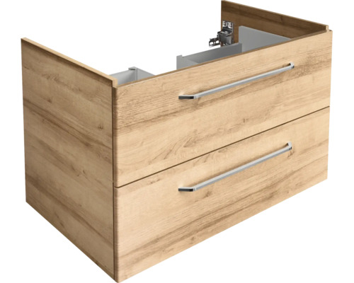 Waschbeckenunterschrank in Holzoptik mit zwei Schubladen und Metallgriffen.