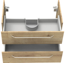 Waschbeckenunterschrank mit zwei Laden in Eichenoptik, obere Lade mit Siphonausschnitt und Metallgriffen.
