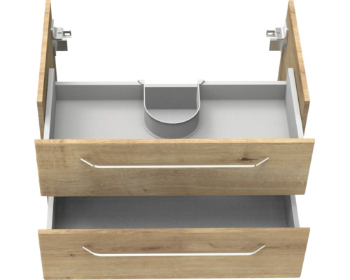 Waschbeckenunterschrank mit zwei Laden in Eichenoptik, obere Lade mit Siphonausschnitt und Metallgriffen.