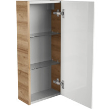 Badezimmer-Oberschrank mit geöffneter Tür, Korpus in Eichenoptik, weiße Front, zwei Einlegeböden.