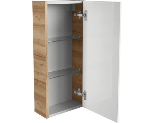 Badezimmer-Oberschrank mit geöffneter Tür, Korpus in Eichenoptik, weiße Front, zwei Einlegeböden.