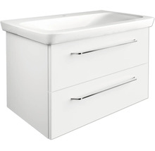 Weißer Waschbeckenunterschrank mit zwei Schubladen und integriertem Waschbecken.