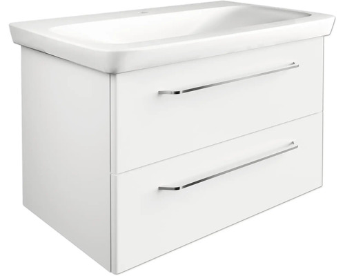Weißer Waschbeckenunterschrank mit zwei Schubladen und integriertem Waschbecken.