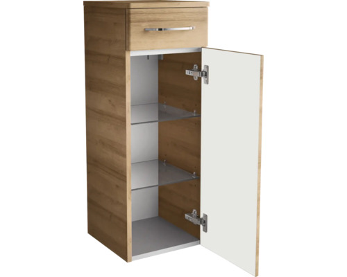 Badezimmer-Midischrank in Eichenoptik mit einer Schublade, einer Tür und zwei Einlegeböden aus Glas.