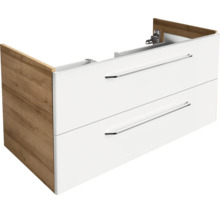 Waschbeckenunterschrank mit zwei weißen Schubladen, Metallgriffen und Korpus in Holzoptik.