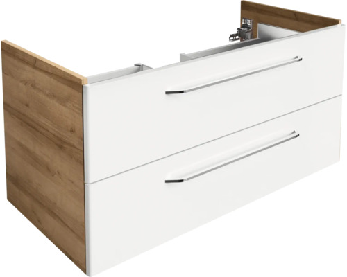 Waschbeckenunterschrank mit zwei weißen Schubladen, Metallgriffen und Korpus in Holzoptik.