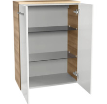 Badezimmerschrank zweitürig mit Korpus in Holzoptik, weißen Fronten und zwei Glaseinlegeböden.