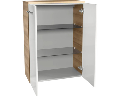 Badezimmerschrank zweitürig mit Korpus in Holzoptik, weißen Fronten und zwei Glaseinlegeböden.