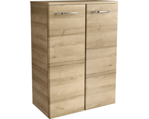 Zweitüriger Schrank in Holzoptik mit silberfarbenen Griffen.