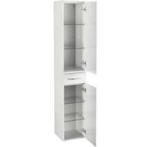Badezimmer-Hochschrank mit zwei Türen, einer Schublade und mehreren Glaseinlegeböden im geöffneten Zustand.