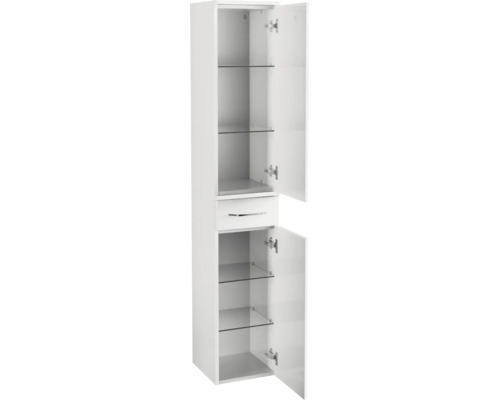 Badezimmer-Hochschrank mit zwei Türen, einer Schublade und mehreren Glaseinlegeböden im geöffneten Zustand.
