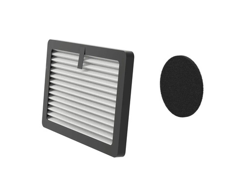 Filter-Set bestehend aus einem rechteckigen Lamellenfilter mit Rahmen und einem runden Schaumstofffilter.
