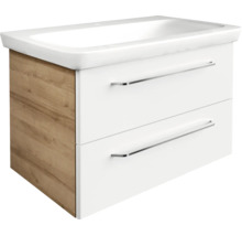 Waschbeckenunterschrank mit zwei Schubladen, weißer Front, Seitenteilen in Holzoptik und integriertem Waschbecken.