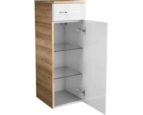 Badunterschrank mit einer Schublade und einer Tür, Korpus in Eichenoptik, Front in Weiß, zwei Glaseinlegeböden im Inneren.