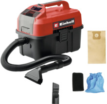 Einhell Akku-Nass-Trockensauger mit Saugschlauch, Fugendüse, Polsterdüse, Papierbeutel, Schaumstofffilter und Stofffilter.