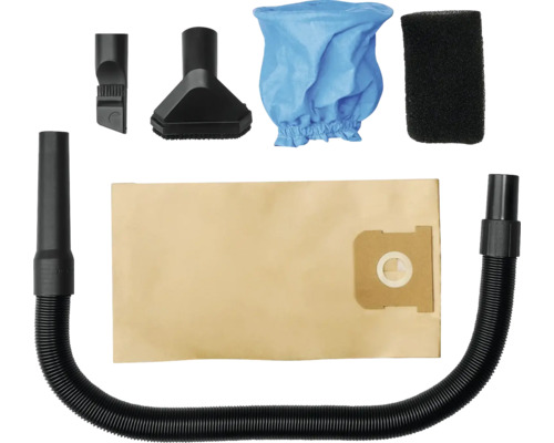 Staubsauger-Zubehörset mit Saugschlauch, Papierfilterbeutel, Stofffilter, Schaumstofffilter, Fugendüse und Polsterdüse.