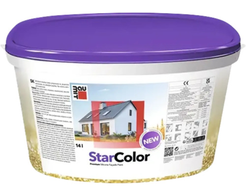 Baumit StarColor Premium Silikon Fassadenfarbe im 14 Liter Kunststoffeimer mit lila Deckel.