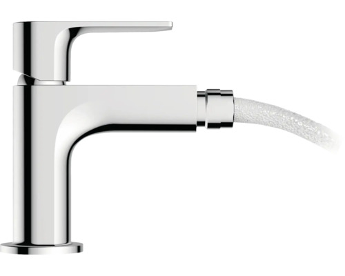 Einhand-Bidetarmatur aus verchromtem Metall mit fließendem Wasserstrahl.
