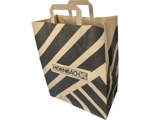 Papiertragetasche mit Henkeln, diagonalen Streifen und Hornbach Logo.
