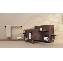 Modernes Badezimmer-Zubehör-Set in Schwarz matt mit Handtuchstange, Seifenspender, Ablage, Toilettenpapierhalter und WC-Bürstengarnitur.