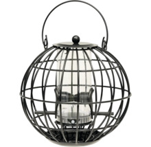Kugelförmiges Vogelfutterhaus aus schwarzem Metall mit Schutzkorb und transparentem Innenbehälter.
