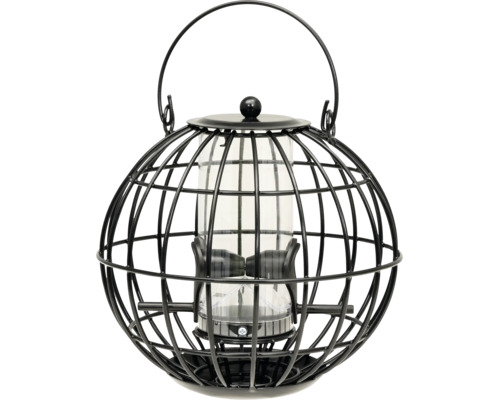 Kugelförmiges Vogelfutterhaus aus schwarzem Metall mit Schutzkorb und transparentem Innenbehälter.