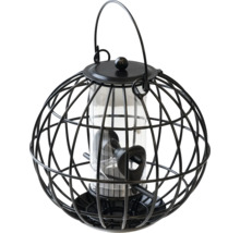 Schwarzer Vogelfutterspender mit kugelförmigem Schutzkorb aus Metall und transparentem Futtersilo zum Aufhängen.